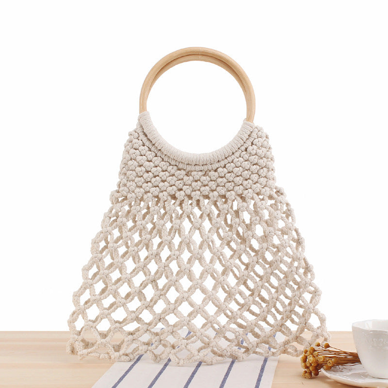 Macrame Basket with round wooden handle Stornfield