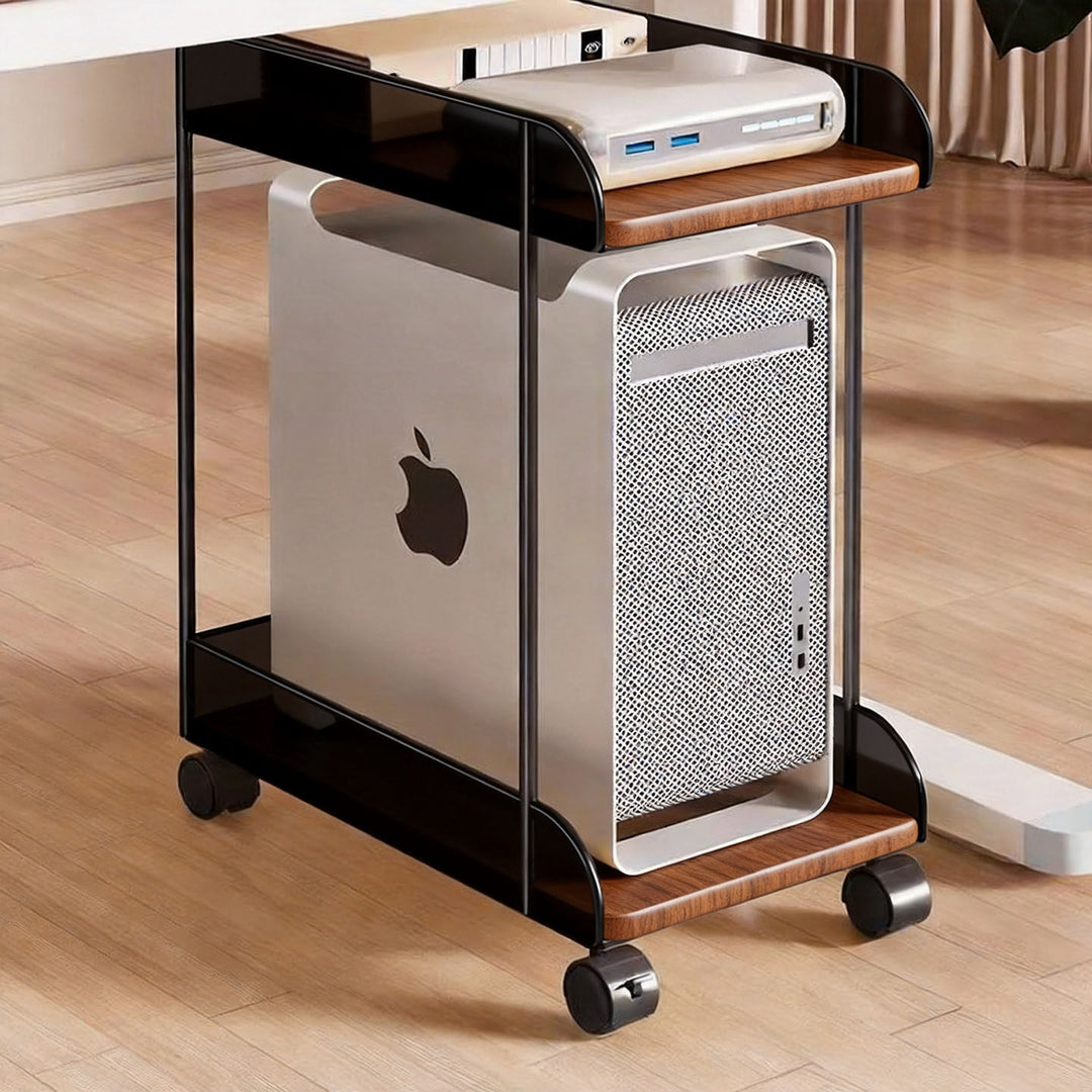 Mobile Desktop CPU Tower Stand with Mesh Side Guards Wooden Base and Locking Casters