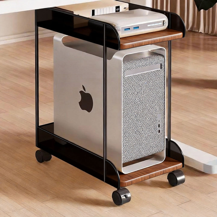 Mobile Desktop CPU Tower Stand with Mesh Side Guards Wooden Base and Locking Casters