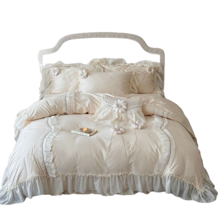 Romantic Ruffled Luxury Duvet Cover Set with Decorative Floral Appliqué Pillow