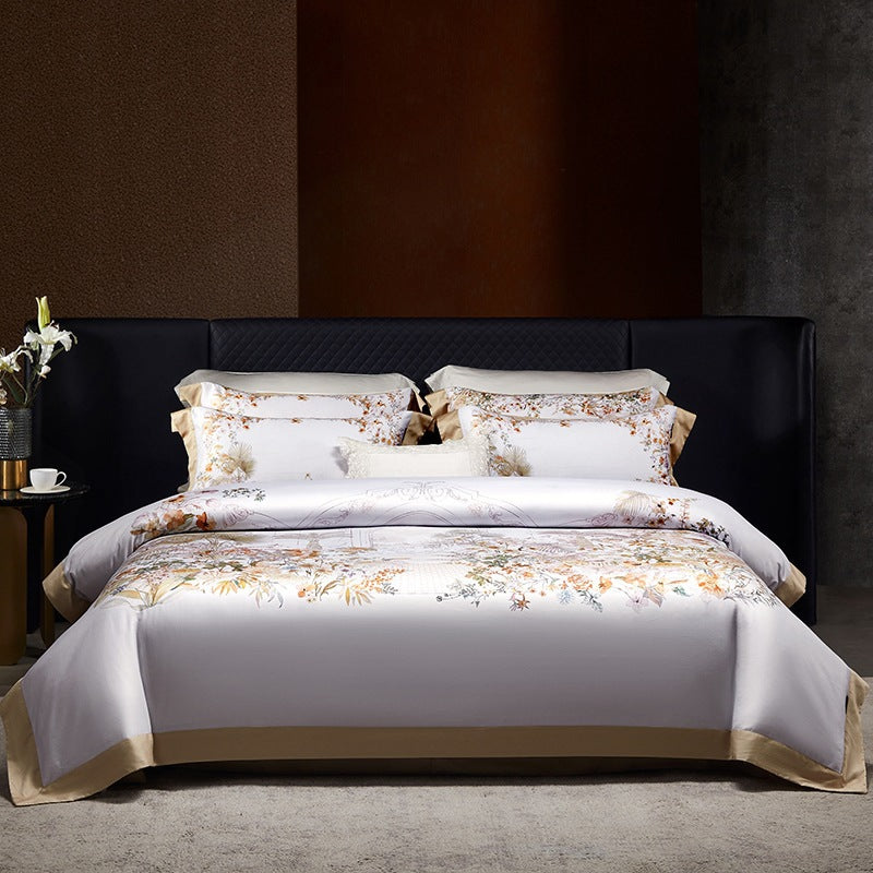 Luxe Satin-Feel Floral Center-Panel Duvet Cover Set with Rolled Bolster & Euro Shams