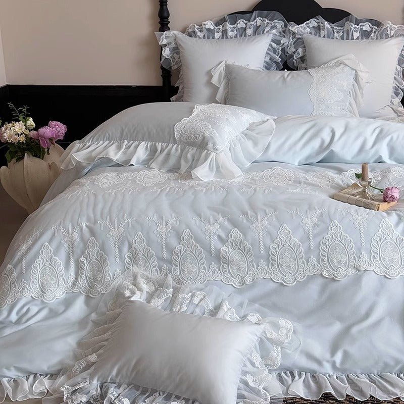 Romantic Ruffled Lace Cotton Sateen Duvet Cover Set with Scalloped Embroidery & Decorative Shams