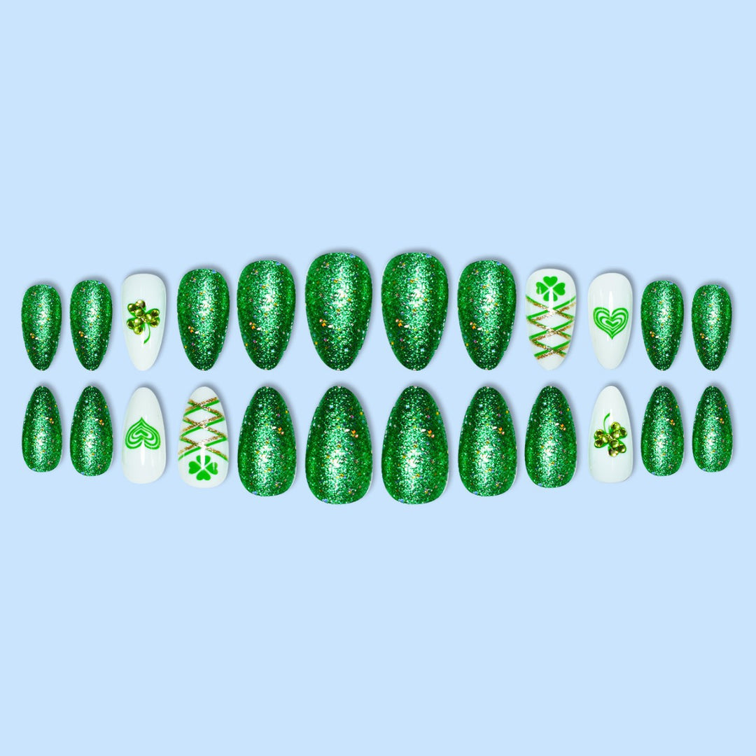 Glamorous Stiletto Press-On Nail Art with Glitter and Shamrock Design Stornfield