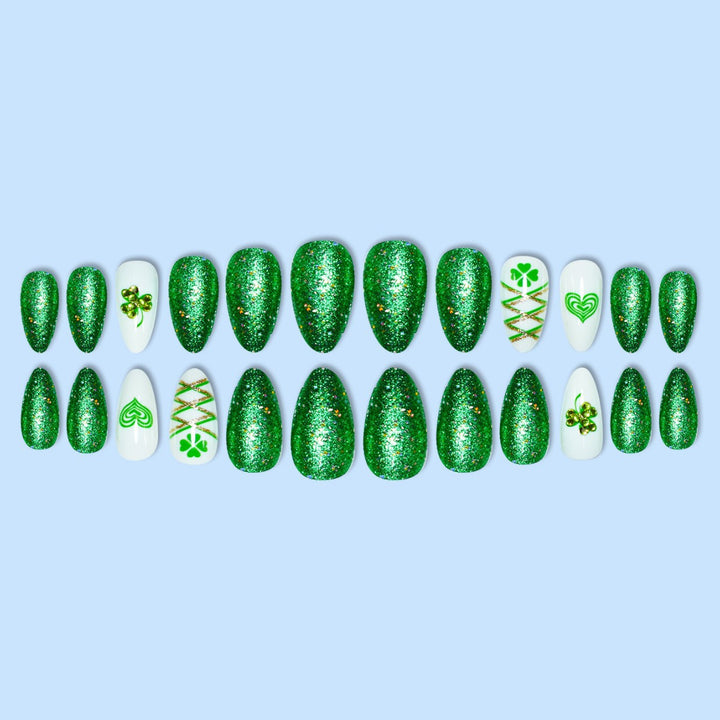 Glamorous Stiletto Press-On Nail Art with Glitter and Shamrock Design Stornfield