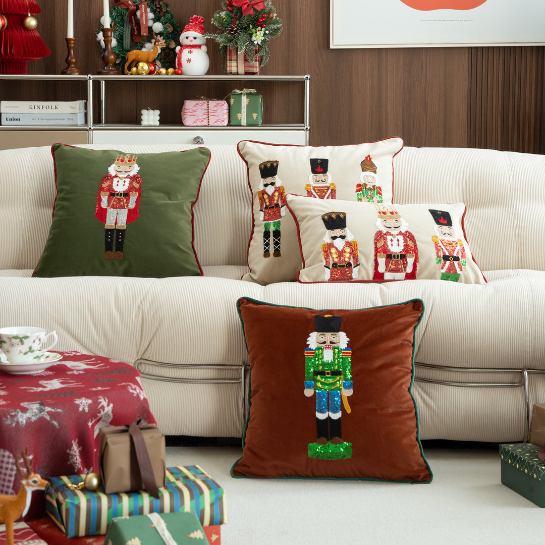 Christmas decorative pillow with nutcracker embroidery and piping edge