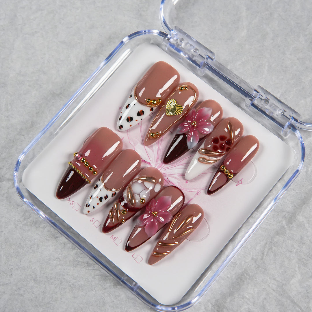 Artistic Press-On Nail Set with Floral Embellishments