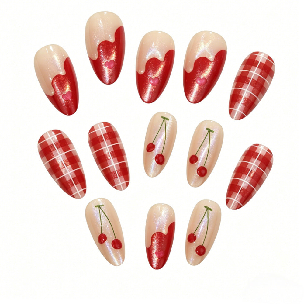 Artificial nails with romantic cherry and checkered pattern Stornfield