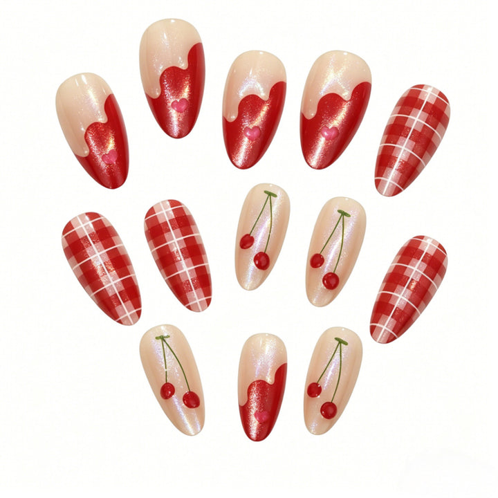 Artificial nails with romantic cherry and checkered pattern Stornfield