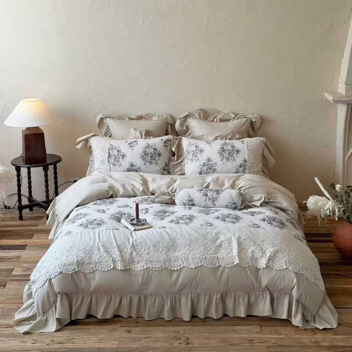 Ruffled Lace-Trim Cotton Sateen Duvet Cover Set with Floral Jacquard Shams & Decorative Bolster