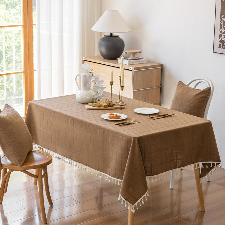 Rectangular Textured Cotton-Linen Tablecloth with Knotted Tassel Fringe and Matching Accent Pillow Covers