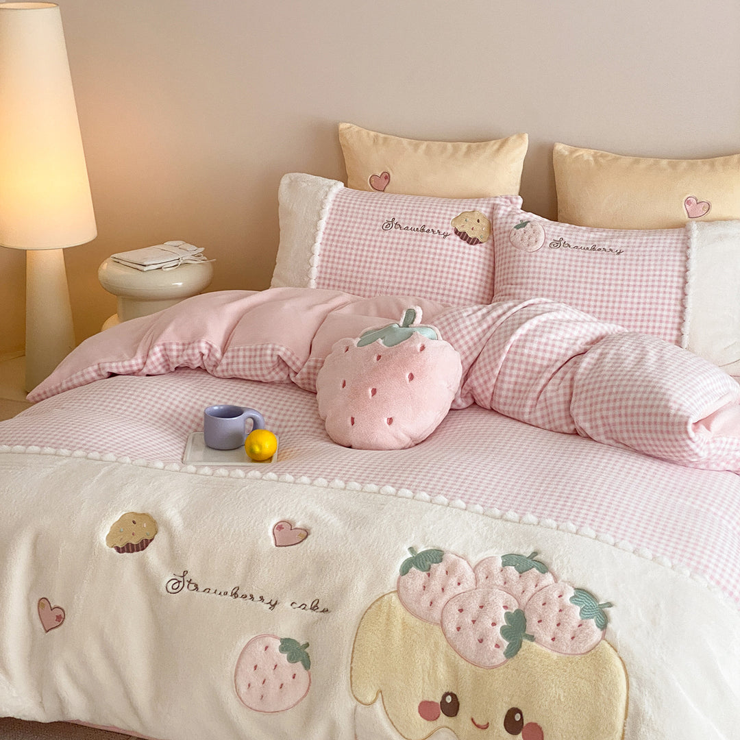 Cozy bedding set with embroidered strawberry appliqués