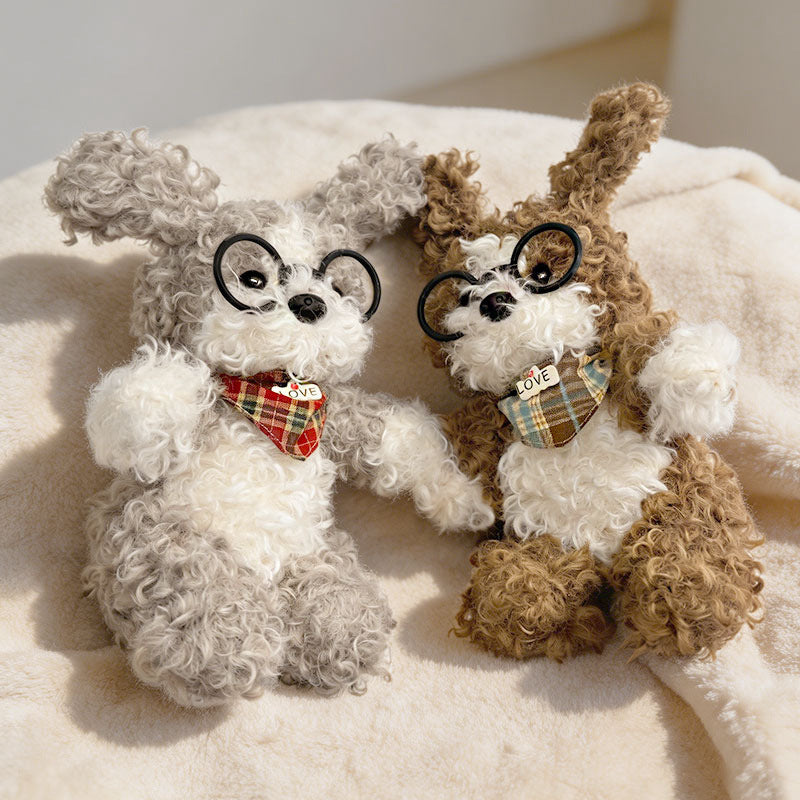 Curly-Fur Sitting Puppy Plush with Round Glasses & Plaid 'LOVE' Bandana Stornfield