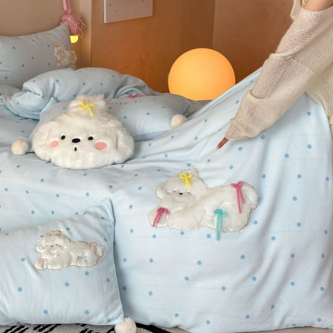 Pastel Polka-Dot Cotton Duvet Cover Set with Plush Cloud Appliqué & Decorative Pillow Shams