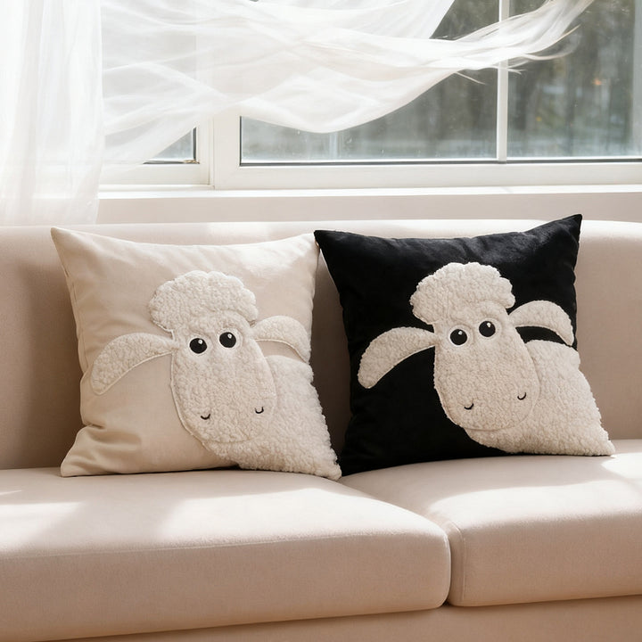 Plush Sherpa Appliqué Lamb Square Throw Pillow Cover with Hidden Zipper