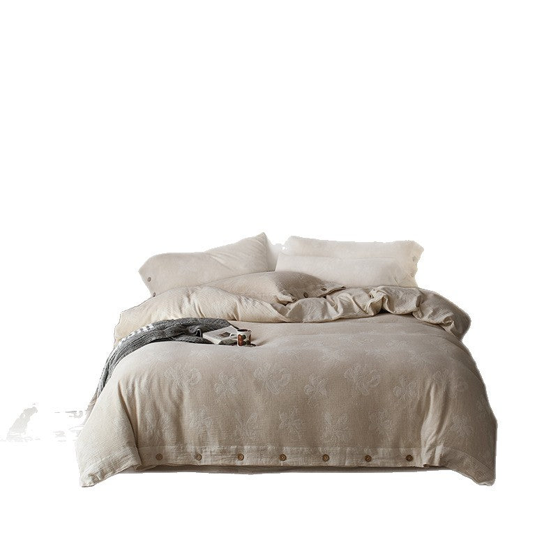 Jacquard bedding set made of linen-cotton blend with button placket and embossed floral relief