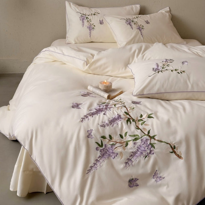 Luxurious satin bedding set with floral embroidery