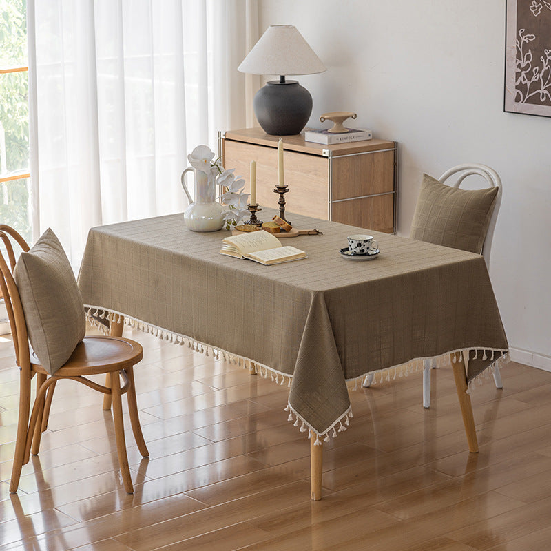 Rectangular Textured Cotton-Linen Tablecloth with Knotted Tassel Fringe and Matching Accent Pillow Covers