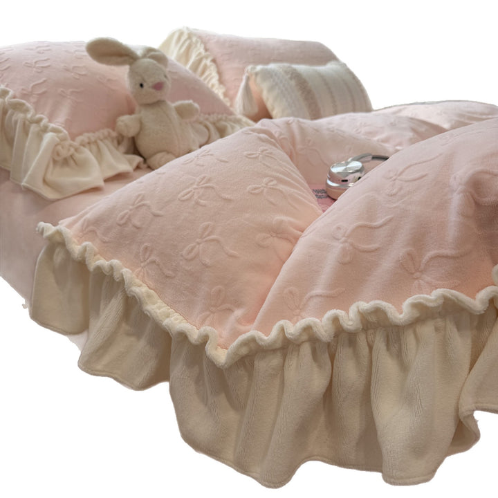 Embroidered Plush Quilted Duvet Comforter Set with Ruffled Skirt