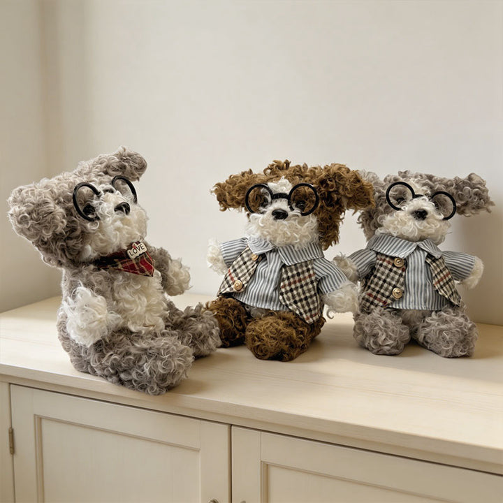 Curly-Fur Sitting Puppy Plush with Round Glasses & Plaid 'LOVE' Bandana Stornfield