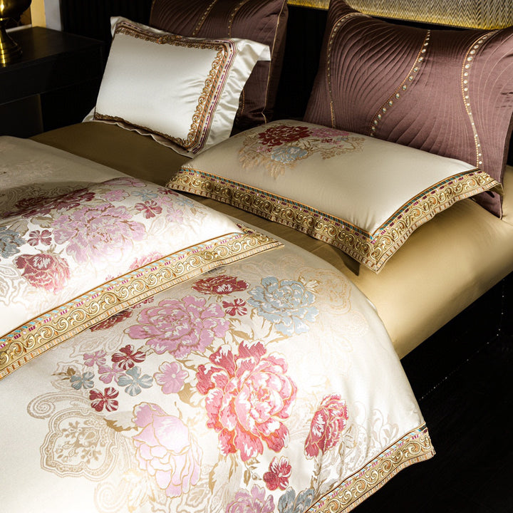 Premium Floral Jacquard Satin Duvet Cover Ensemble with Embroidered Border & Accent Pillow Shams