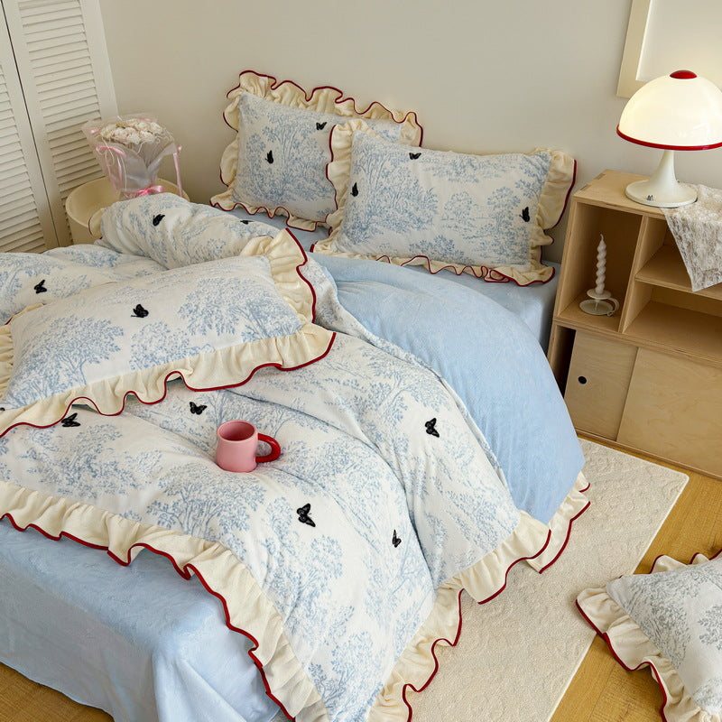 Ruffled Toile Comforter and Shams Set with Contrast Piping