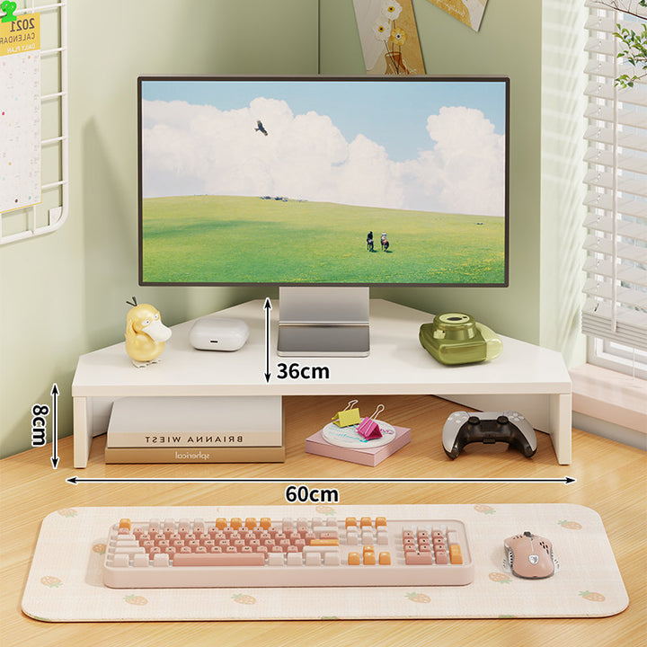 Corner Wooden Monitor Riser with Dual-Tier Storage Shelf