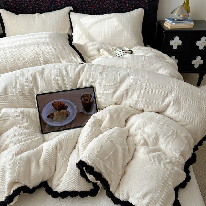 Embossed Bow-Pattern Quilted Comforter Set with Pom-Pom Trim