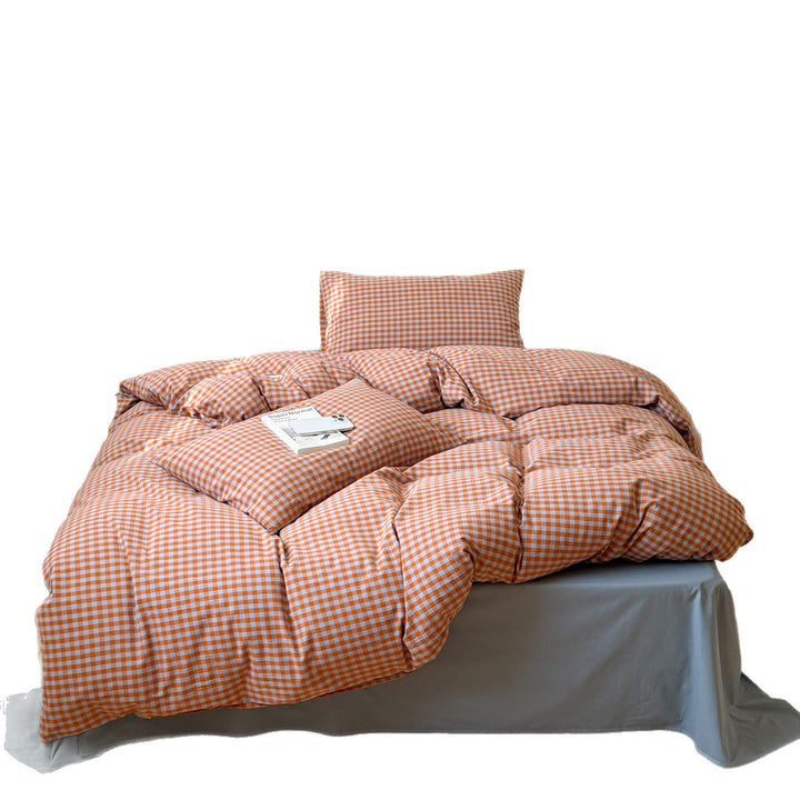 Reversible checkered bedding set made of cotton satin with quilted look and fitted sheet