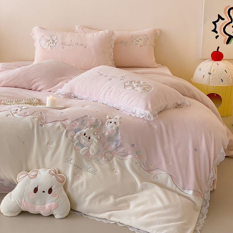 Embroidered Plush Duvet Cover Set with Lace-Trim and Decorative Pillow Shams
