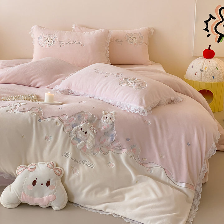 Embroidered Plush Duvet Cover Set with Lace-Trim and Decorative Pillow Shams