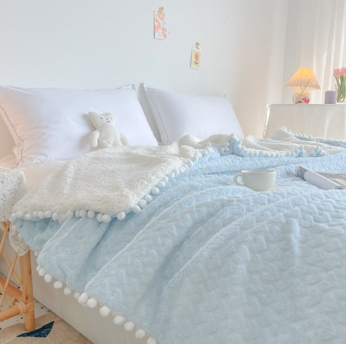 Plush Reversible Sherpa Throw Blanket with Pom-Pom Edge