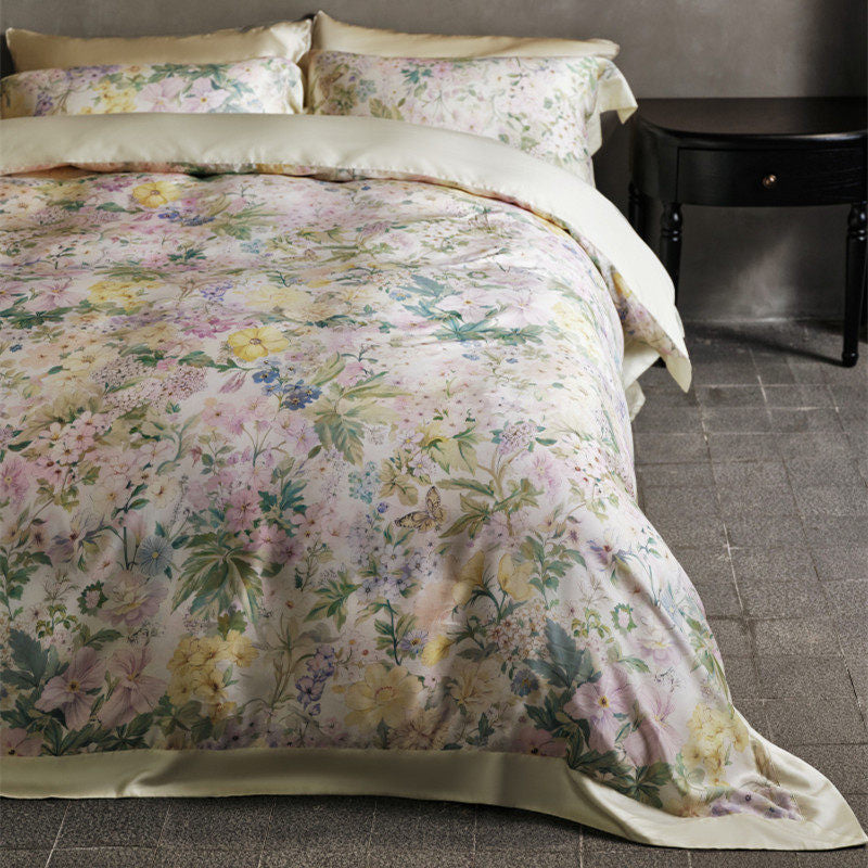 Botanical Lemon Cotton-Sateen Duvet Cover Set with Scalloped Hem