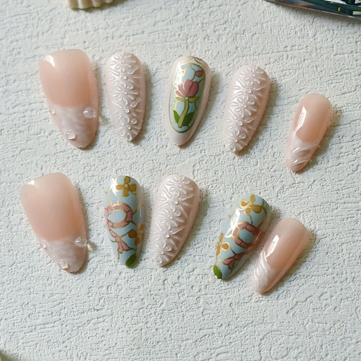 Artistic Floral and Gemstone Press-On Nail Set Stornfield