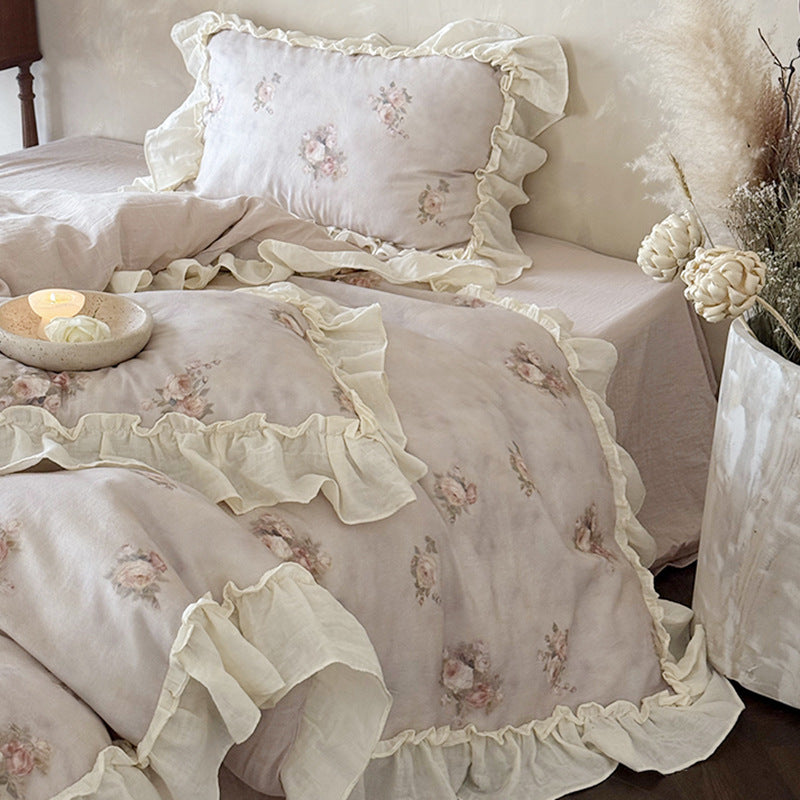 Romantic cotton gauze bedding set with ruffle and watercolor rose print