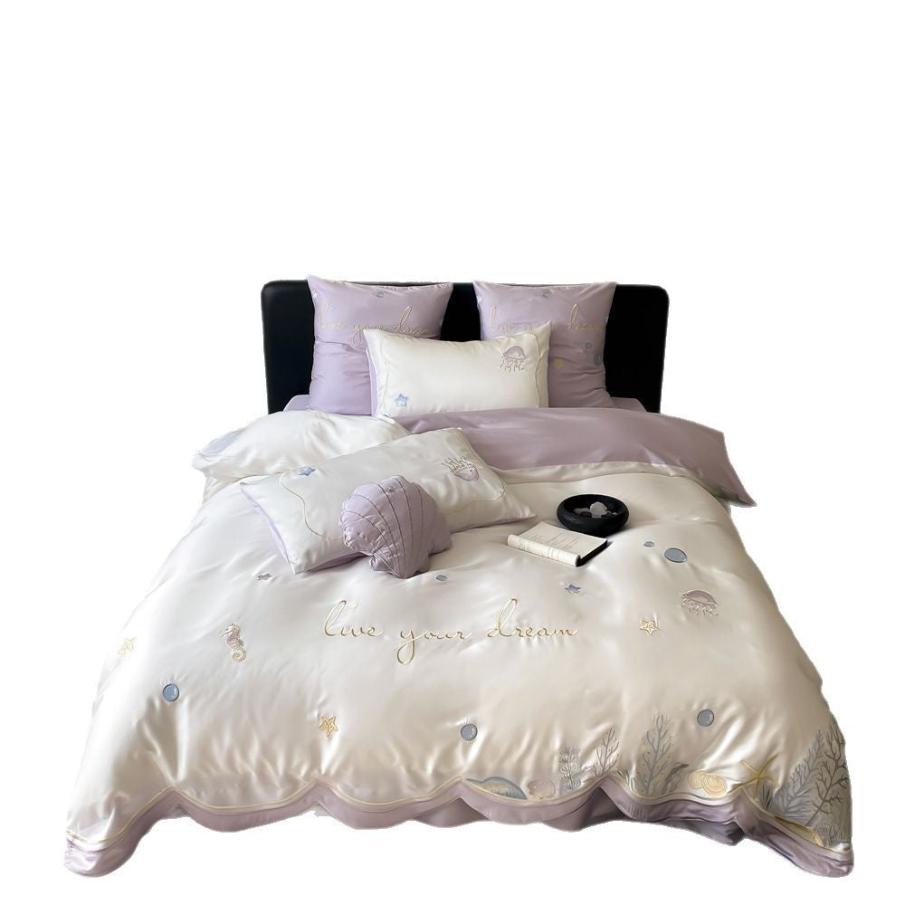 Embroidered Satin-Feel Ocean Motif Duvet Cover Set