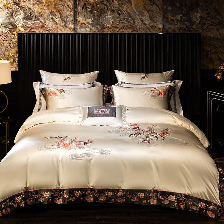 Luxurious Embroidered Satin Duvet Cover Set with Floral Border and Decorative Pillowcases