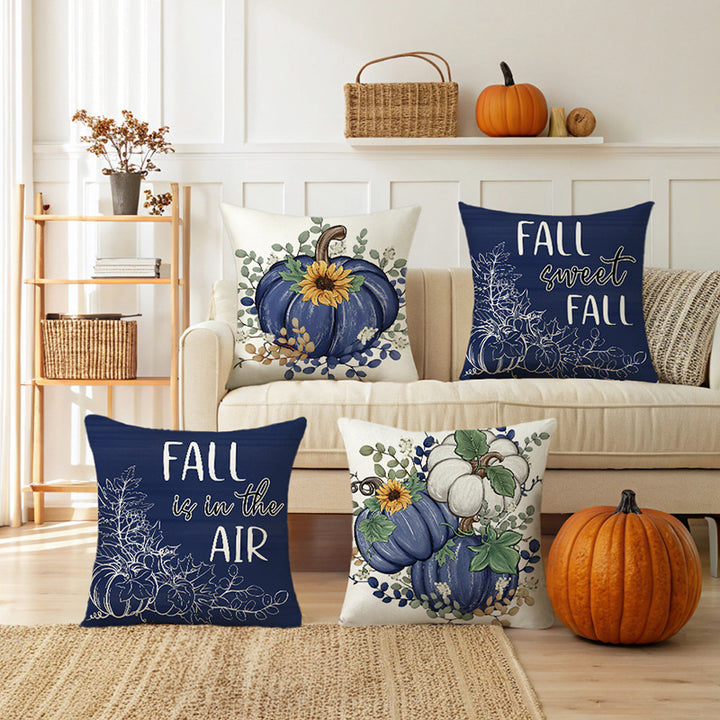 Seasonal Autumn Script Cushion Cover with Pumpkin and Leaf Line Art