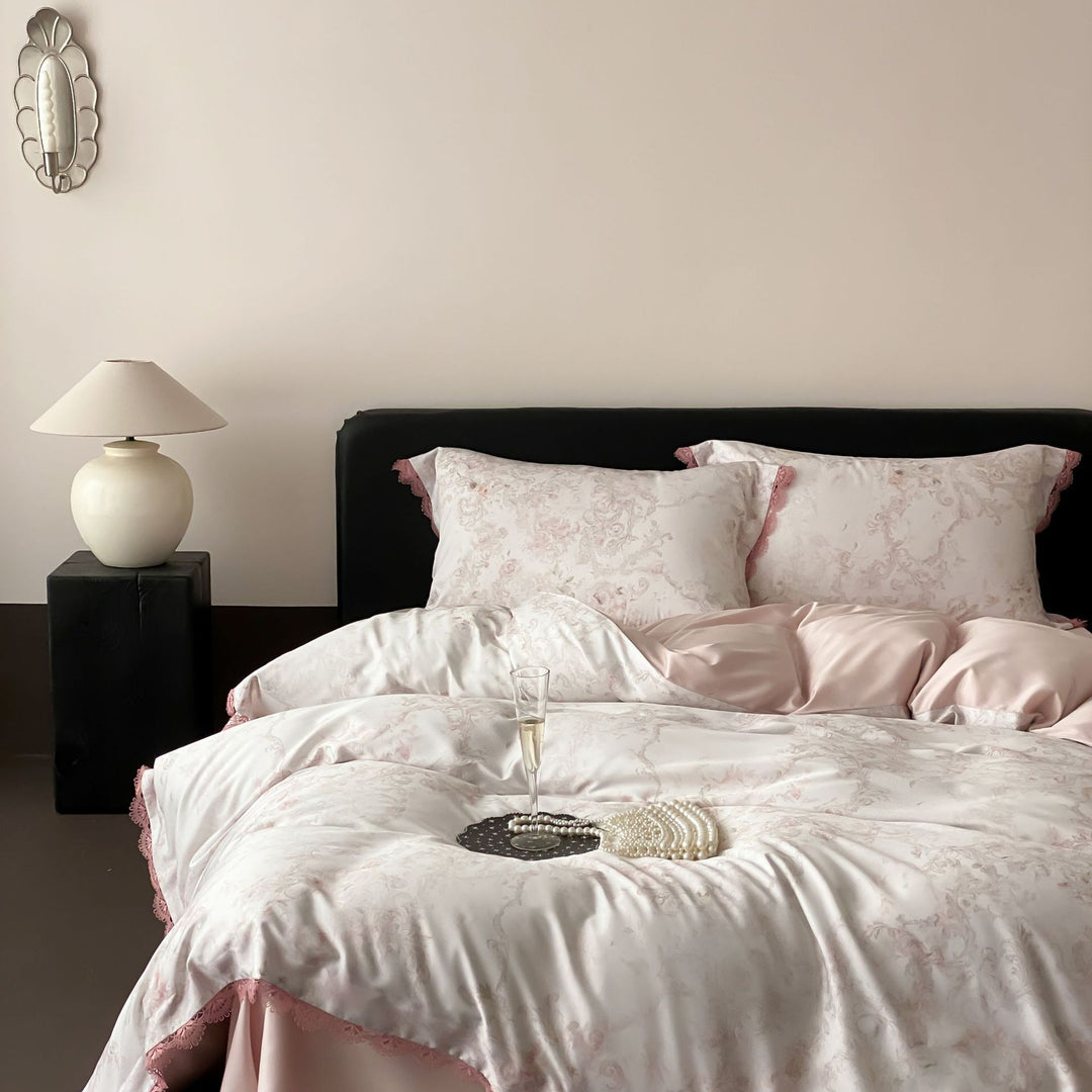 Luxury Satin Bed Linen Set with Floral Silk Look and Lace Trim