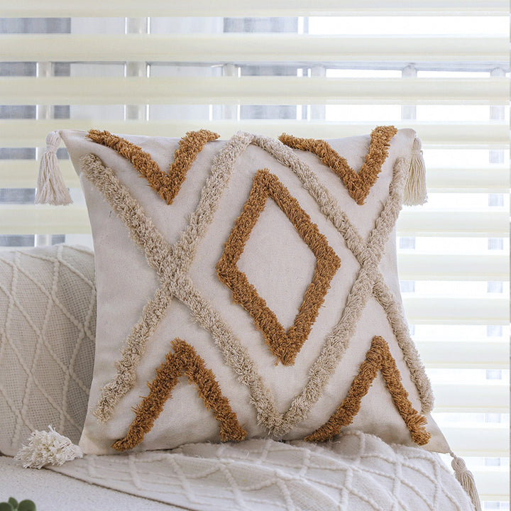 Square cushion cover made of cotton-linen with raised diamond tufting and corner tassels Stornfield