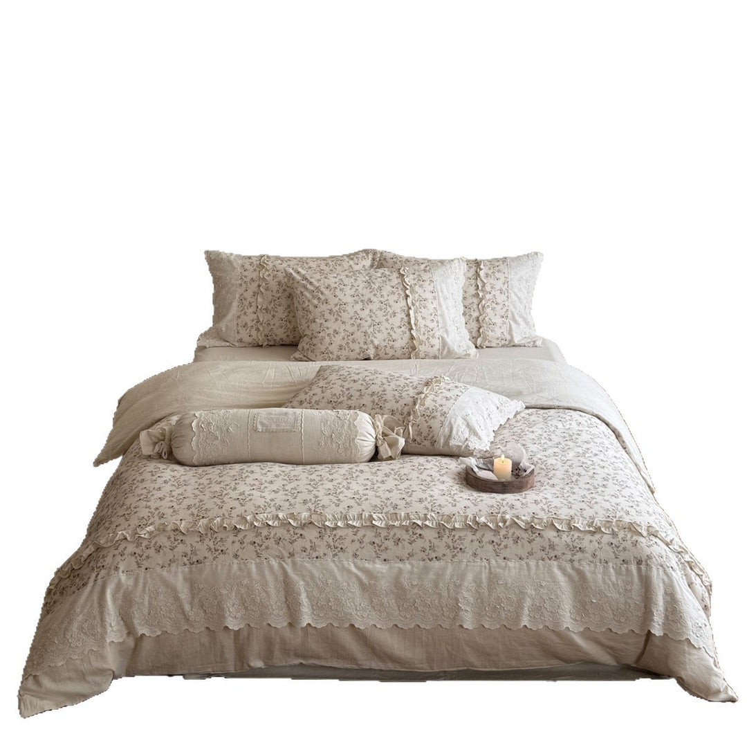 Ruffled Floral Linen-Cotton Duvet Cover Set with Lace Trim