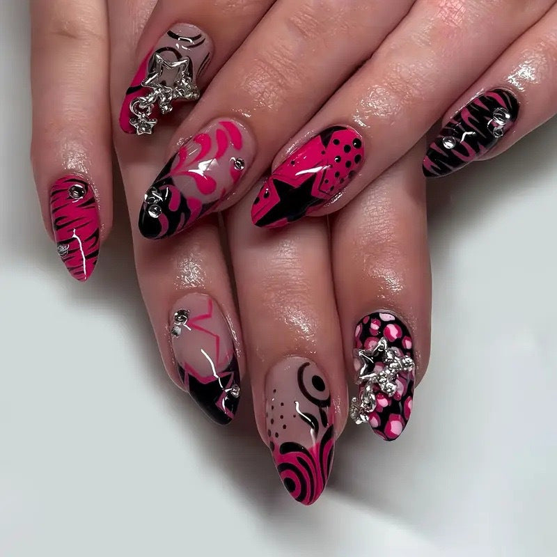 Decorative Stiletto Press-On Nail Art with Floral Accents Stornfield
