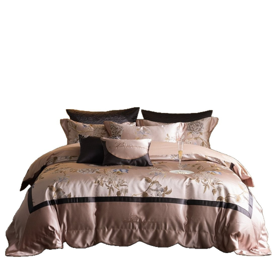 Silky Floral Embroidered Satin Duvet Cover Bedding Set with Scalloped Hem & Pillow Shams