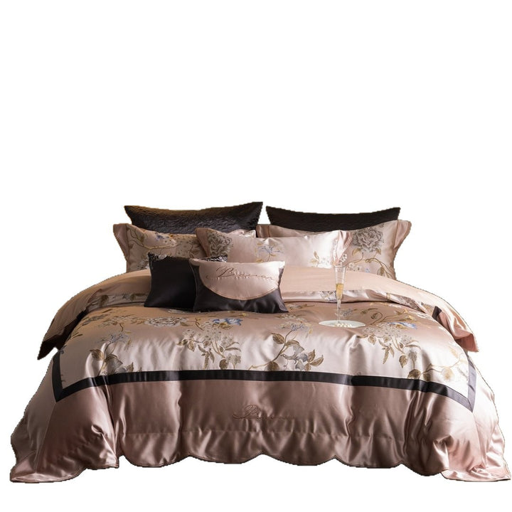 Silky Floral Embroidered Satin Duvet Cover Bedding Set with Scalloped Hem & Pillow Shams