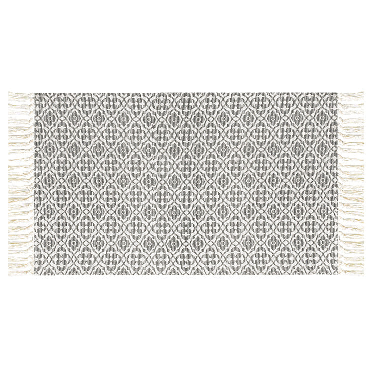 Flat-woven cotton runner with Mediterranean tile jacquard and decorative fringes Stornfield