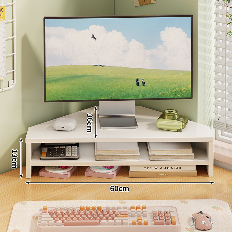 Corner Wooden Monitor Riser with Dual-Tier Storage Shelf