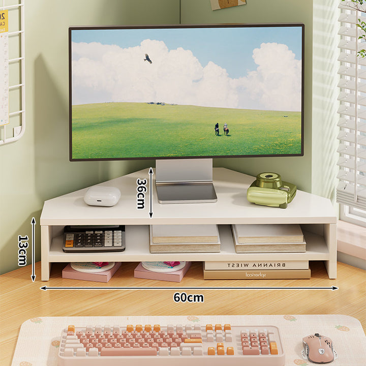 Corner Wooden Monitor Riser with Dual-Tier Storage Shelf