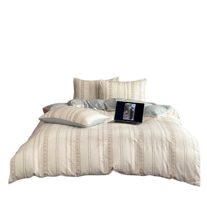 Reversible Cotton-Linen Duvet Cover Set with Handcrafted Stripe & Folk Motif