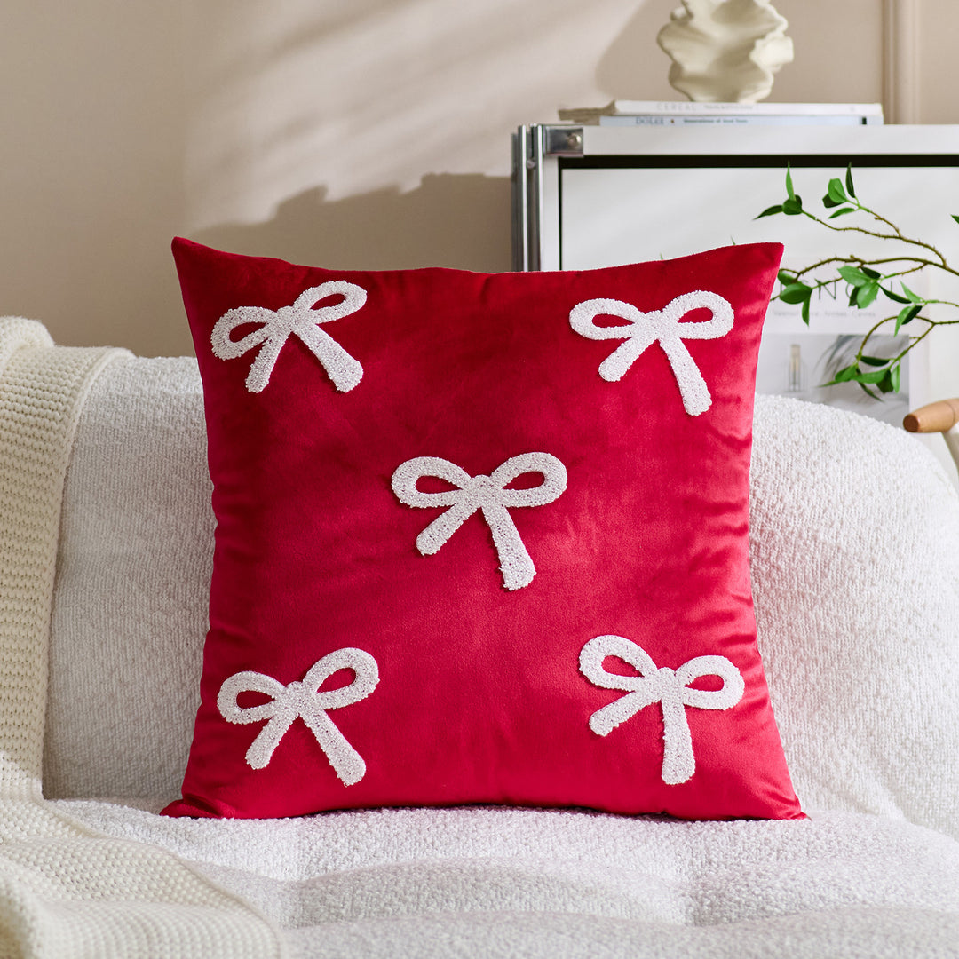 Embroidered Bouclé Bow Velvet Square Throw Pillow Cover