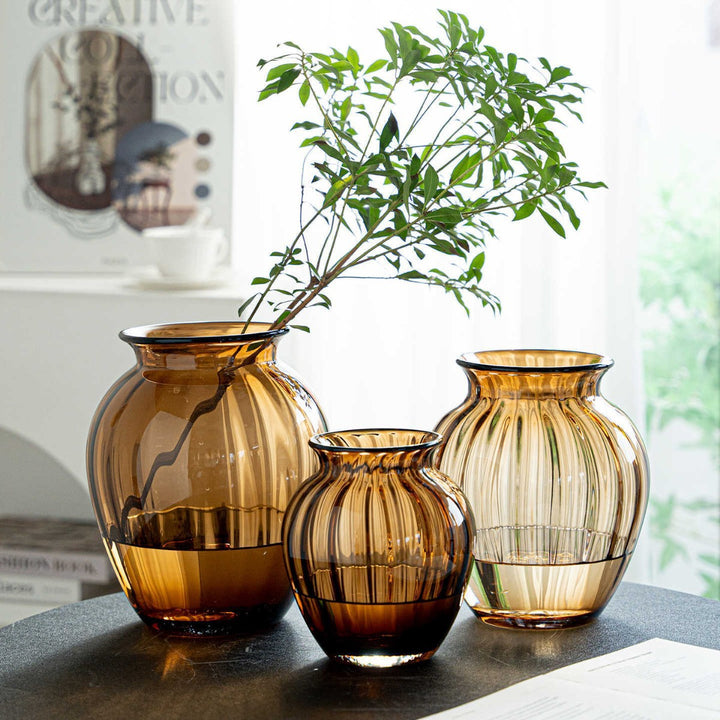 Handblown Ribbed Smoky Glass Bulb Vase with Narrow Neck Stornfield