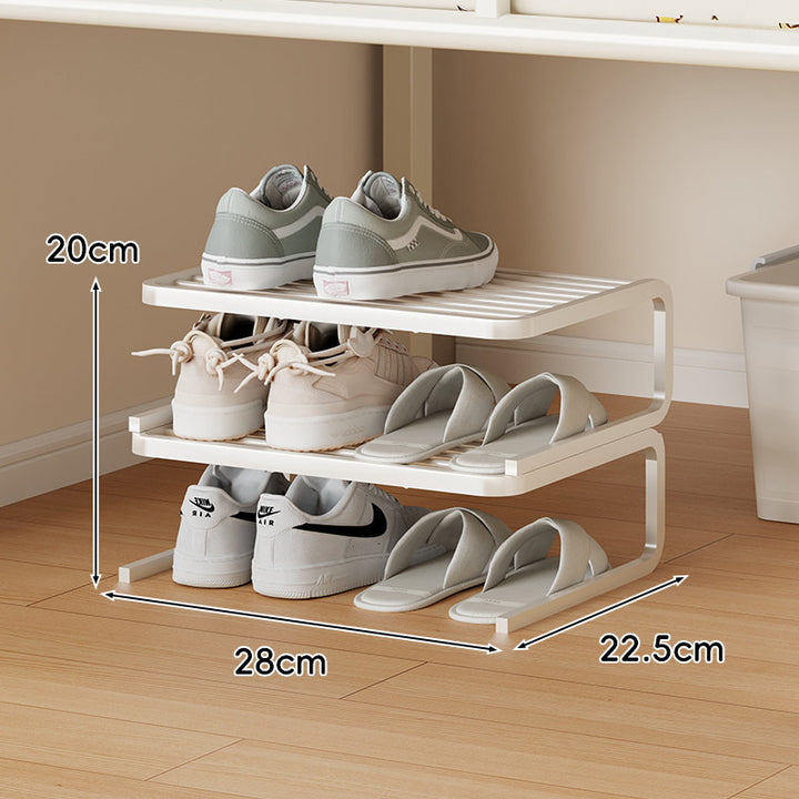 Compact Low-Profile Two-Level Metal Shoe Organizer Rack